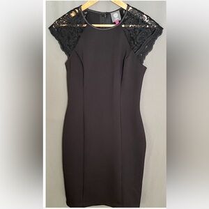 Vince Camuto black scuba dress with lace cap sleeves, size 6